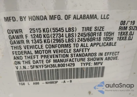 2020 Honda Pilot 2Wd Ex z USA, uszkodzony, nr VIN 5FNYF5H36LB001429